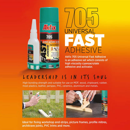 Akfix 705 Super CA Glue (2 X 0.7oz) with Spray Activator (2 X 3.38 floz) and 0.7 oz Thin CA. Wood, Metal, Plastic, Leather, Crafts. Clear CA Glues