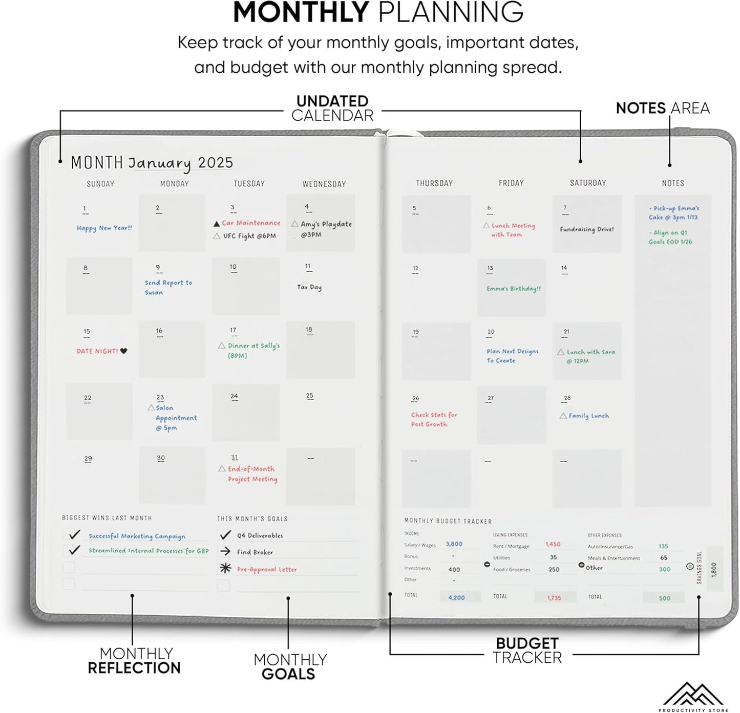 2025 Planner Pro 5.8 x 8.3 - Undated Productivity & Business Planner Notebook & Journal - Monthly Planner 2025 & Daily Planner 2025-2026 - A5 - Grey - Productivity Store