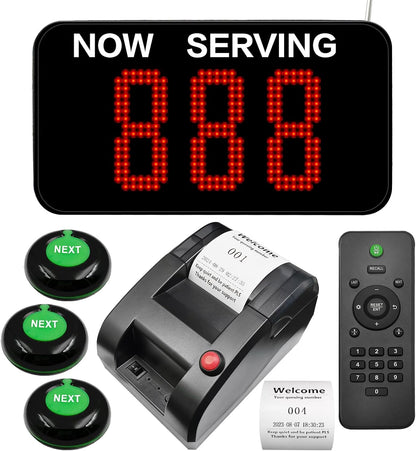 Take a Number System Electronic Queue Calling System with 1 Now Serving Number Display 3 Next Call Button 1 Ticket Dispenser Printer 57mm Thermal Receipt Rolls 1 Remote Control for Office Window