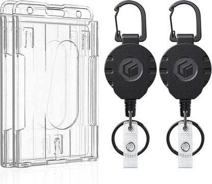 Uniclife 2 Pack 2-Card Thumb-Slot Badge Holder Vertical Clear Plastic Case with Retractable Keychain Badge Reel for up to 8 oz Hard Card Protector for IDs Credit Cards Driver’s Licenses and Passes