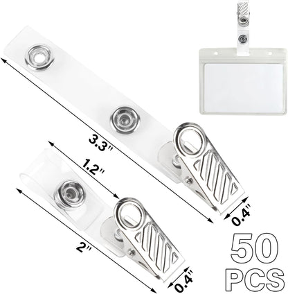 Happy Trees 50 Pcs Metal Badge Clips with Clear PVC Straps, ID Holder Clip for Badge Holders, Name Tags, ID Cards, Work Badges