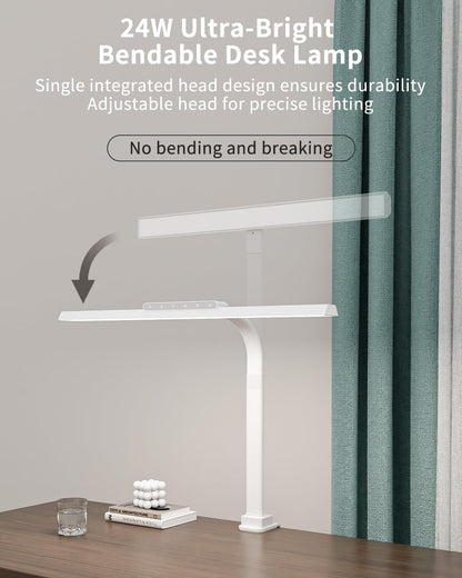 LED Desk Lamps for Home Office, 24W Bright Eye-Caring Desk Light with Clamp, Stepless Dimming Adjustable Flexible Gooseneck Clip on Office Lamp with Adapter for Reading, Study, Workbench,White