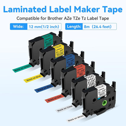 Compatible with Brother Label Maker Tape Refill Multi Color Tze TZ Tape 12mm 0.47" Laminated TZe 131 231 431 531 631 731 Replacement for Brother P-Touch PT-D210/D220/H110/D410 Label Makers, 6PK