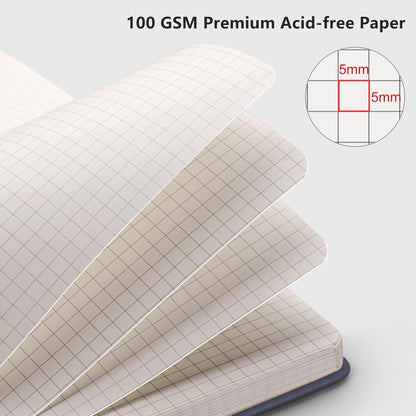 RETTACY Graph Grid Paper Notebook, 2-Pack, 192 Pages per Pack, A5 Medium Size (5.7'' x 8.3''), Leather Hardcover, 100 GSM Thick Paper, for School, Students, Math, Engineering (Black & Navy Blue)