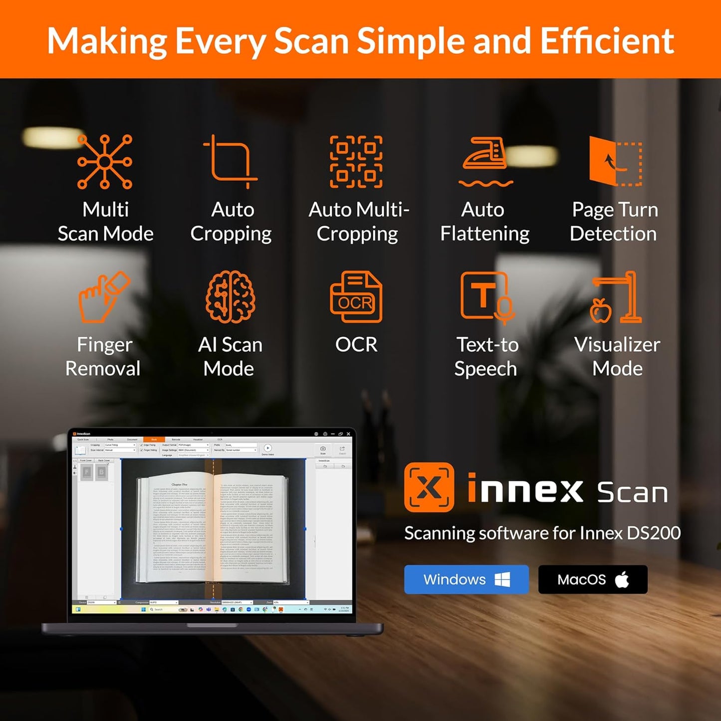Innex DS200 Professional USB Book Scanner, 26MP, A3 Document scan, 120+ Language OCR, Auto-Flatten & Deskew, Finger Removal, Built-in Mic and LED lamp, Hand Button & Foot Pedal, for Windows/MacOS