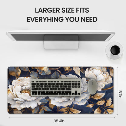 35.4 x 15.7 inches, Large Desktop Mouse pad, Keyboard and Mouse Pads for Work and Home Computers, and Large Laptop Mouse mat，White Peonies