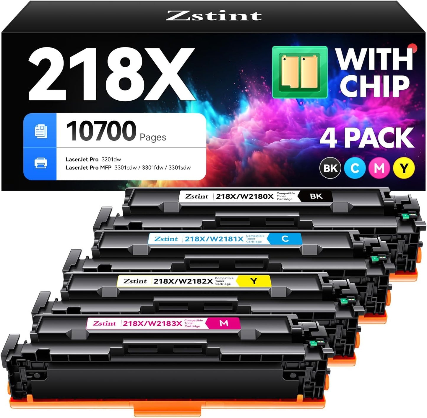 218X 218A Toner Cartridge 4-Pack High Yield with Chip Replacement for HP 218X 218A Toner Cartridge Compatible with HP Color Laserjet Pro MFP 3301cdw 3301fdw 3301sdw Pro 3201dw Printer W2180X (B/C/Y/M)