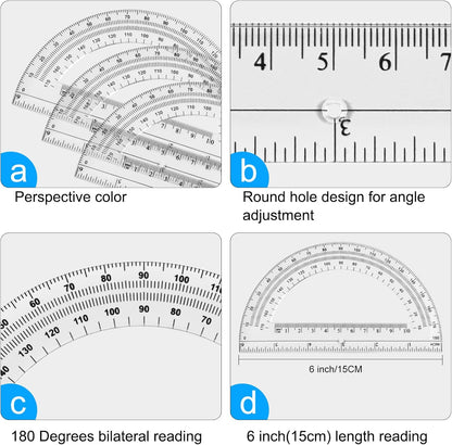 6 Sets Compass and Protractor Sets Student Basics Geometry Math Set Metal Compass and 6 Inch 180 Degree Protractors Geometry Graphing Drawing Tools for Office and School Supplies(Clear)