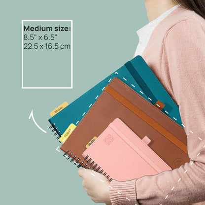 POPRUN Planner 2025-2026 (Medium - 6.5'' x 8.5'') Academic Weekly Calendar (July 2025 - June 2026) with Hourly Time Slots, Monthly Tabs, 100GSM Thick Papers, Spiral Leather Cover - Pink