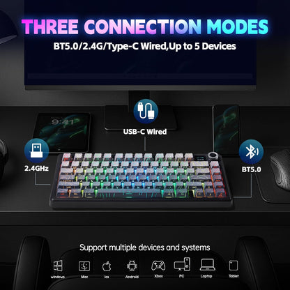 x Aula F75 MAX Wireless Gaming Keyboard w/Smart Display & Knob,75% Hot Swappable Custom Mechanical Keyboard, RGB Backlit,Pre-lubed Linear Switches,Side Printed PBT Topographic Keycaps(Grey)