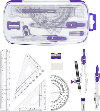 Math Geometry Kit Sets 10 Piece Student Supplies with Shatterproof Storage Box,Includes Rulers,Protractor,Compass,Eraser,Pencil Sharpener,Lead Refills,Pencil,for Drafting（Purple）