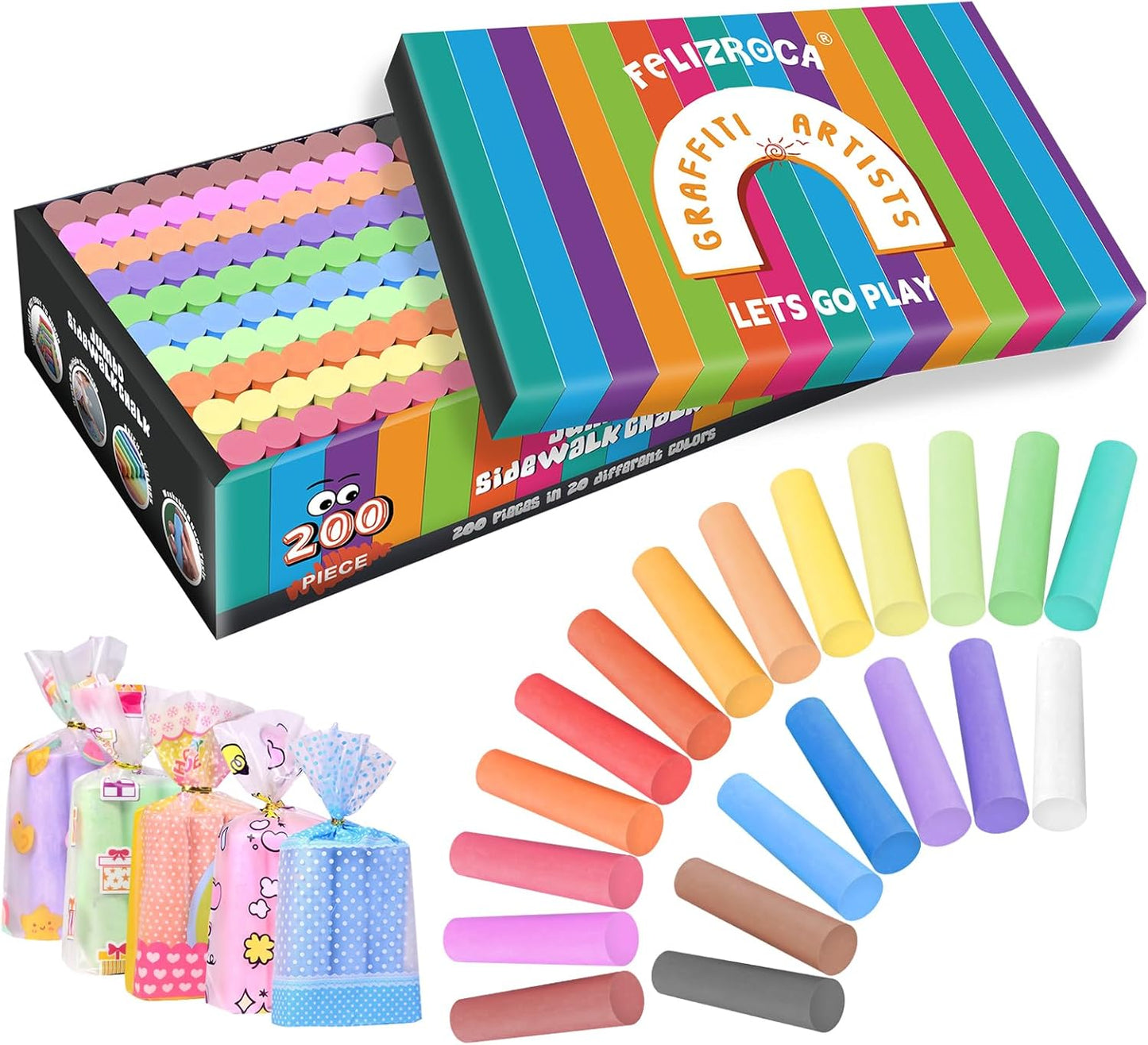 200 Pcs Sidewalk Chalk Set in 20 Assorted Colors, Non-Toxic Washable Bulk Chalk for Outdoor Ativity, School Chalkboard and Playground