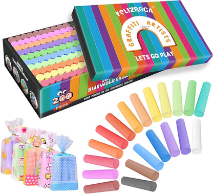 200 Pcs Sidewalk Chalk Set in 20 Assorted Colors, Non-Toxic Washable Bulk Chalk for Outdoor Ativity, School Chalkboard and Playground