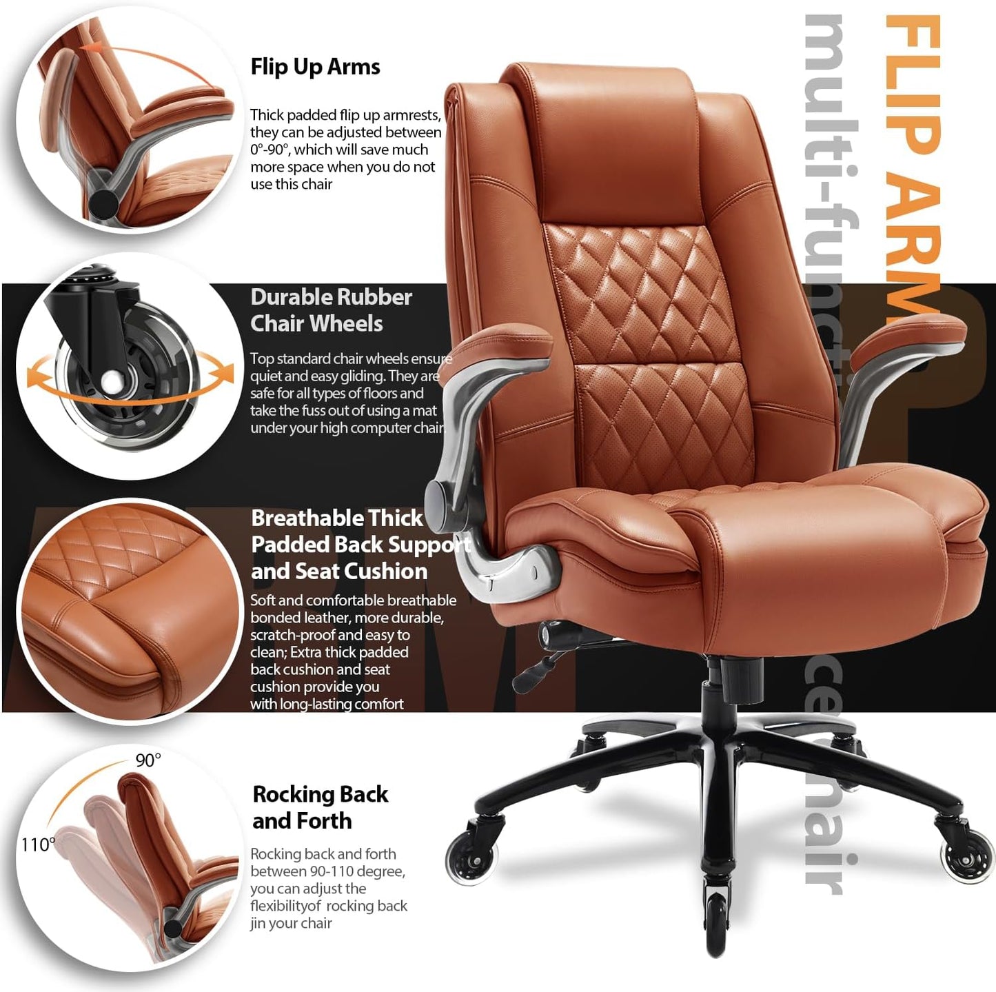 EZAKI High Back Office Chair-Flip-up Arms Executive Computer Desk Chair, Built-in Lumbar Support Thick Padded Adjustable Rock Tension Ergonomic Design for Back Pain