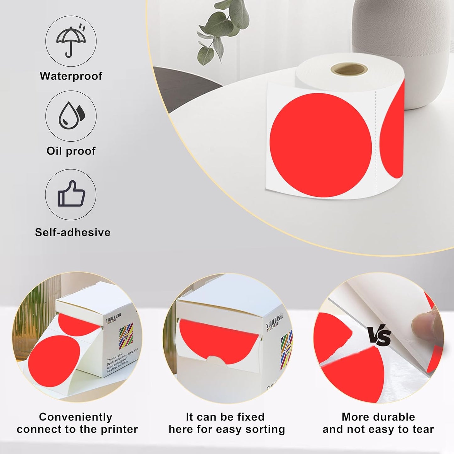 3 X 3 Inch Color Coding Dot Labels Circle Thermal Printable Waterproof 2000 Pcs Round Stickers Adhesive Writable for Office, Home, Garage, DIY Sticker, Barcodes, Name Tag, Fluorescent Red