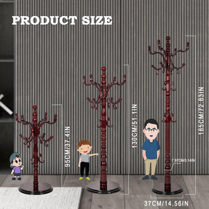 Coat Racks Free Standing with 14 Hooks, Natural Wood Coat Rack with Solid Round Base, Adjustable Height Coat Racks, Easy Assembly for Hallway, Bedroom and Office (Reddish brown)