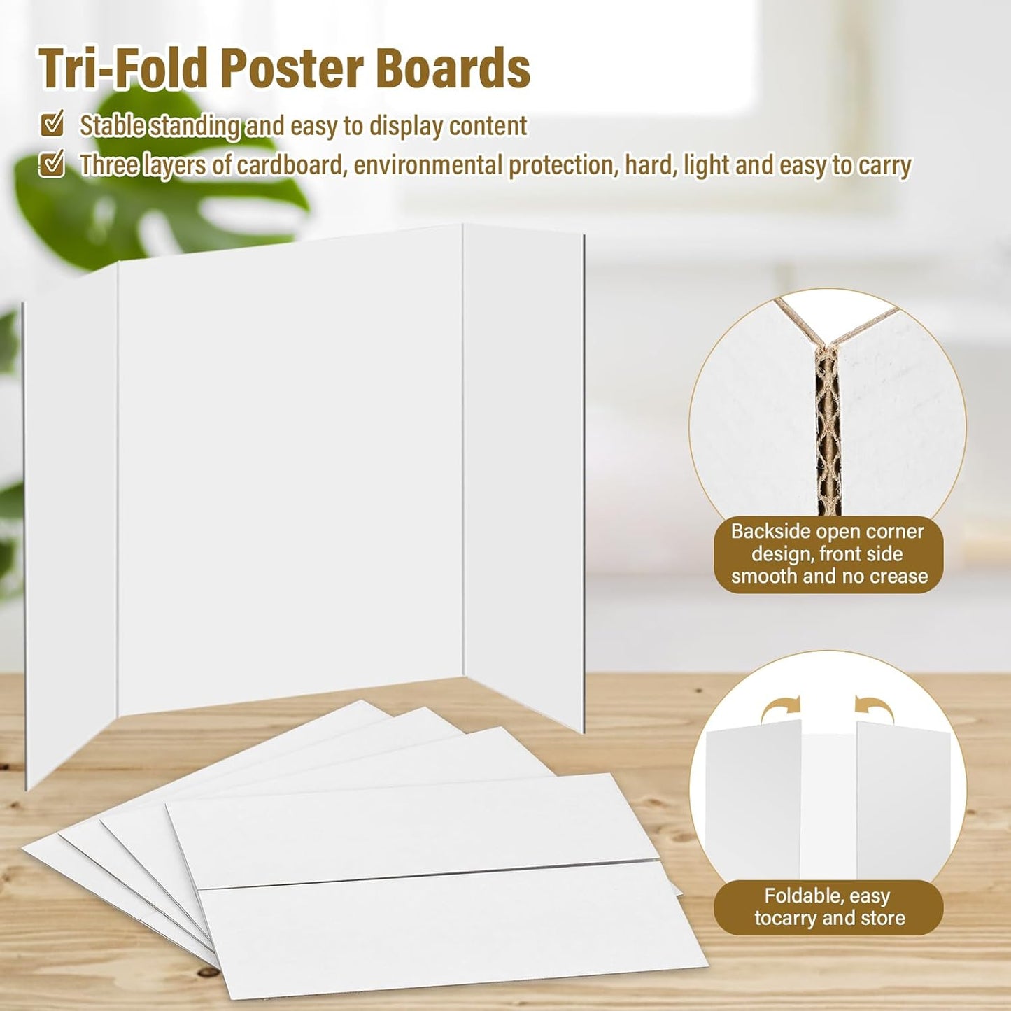 4 Pcs Trifold Poster Board, 26x17 inches White Poster Board Comes with Sticky Accessories, Corrugated Presentation Boards, Display Board for School Projects, Business Presentations
