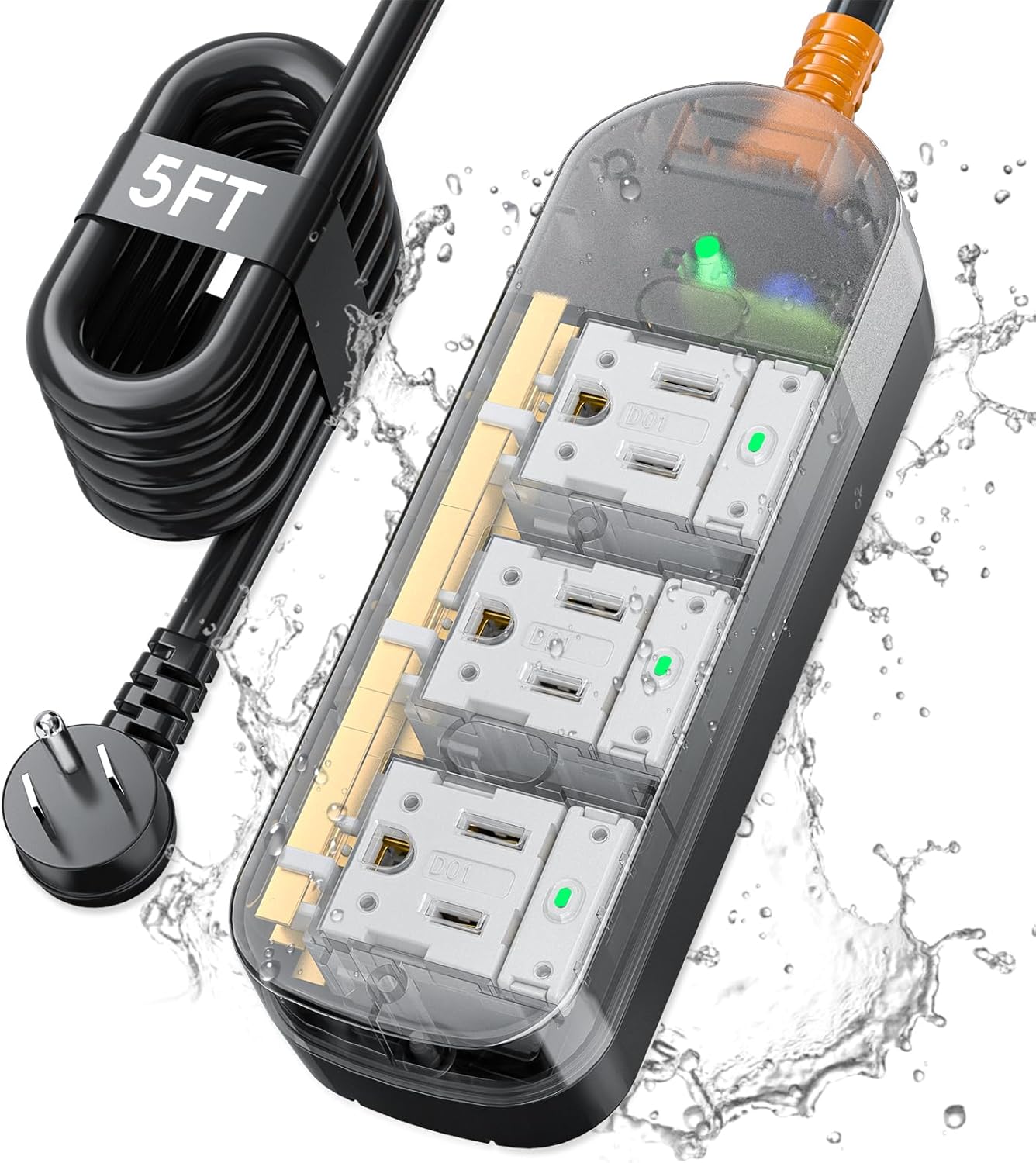 Surge Protector Power Strip,1625W/13A,5Ft Extension Cord with 3 Outlets,Waterproof Class 6 Heavy Duty Extension Cord for Indoor Outdoor,UL FCC IPX6 Listed (Transparent, 5FT)