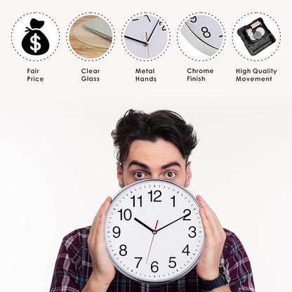 Plumeet Silent Wall Clock - 12" Non Ticking Quartz Black Wall Clocks - Simple Design Wall Clocks for Living Room Decor, Battery Operated, Chrome