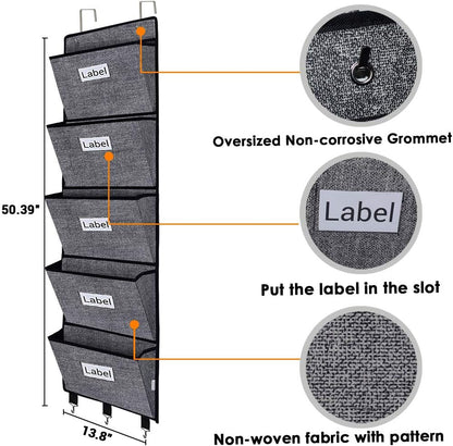 homyfort Over the Door File Organizer Hanging File Folders, Wall Organizers and Storage for Mail, Magazine, Notebooks, Planners, Office, Classroom, 5 Extra Large Pockets (Black with Pattern)