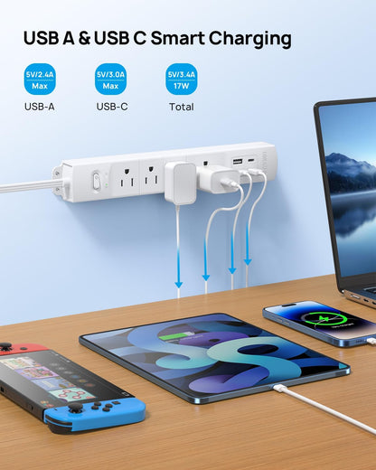 TROND 15ft Long Extension Cord with 2 USB C, ETL Listed, Ultra-Thin Flat Plug Power Strip, Slim Surge Protector, 4 Outlets 4 USB Ports, Wall Mount, Office Accessories Dorm Room Essentials, White