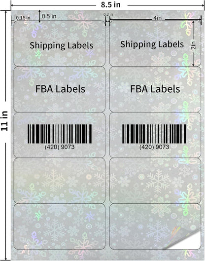 STARLIBOO Transparent Stickers Labels - 2" x 4" Clear Address Labels Mailing Stickers for Laser/Inkjet Printer 8.5"×11"- 20 Sheet (Clear Holographic Snowflake)