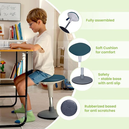 Kids Wobble Stool Ages 7–12; Adjustable Height Wobble Stool for Classroom Seating with Soft, Easy-to-Clean New Fabric Cushion; Flexible Wiggle Chair for Focus & ADHD + Bonus Visual Timer (Lake Teal)