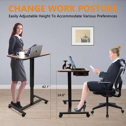 CLATINA Mobile Laptop Standing Desk, Height Adjustable Teacher Podium with Lockable Wheels, Adjustable Work Table with Drawer, Computer Cart Overbed Table for Home Office Classroom, Brown