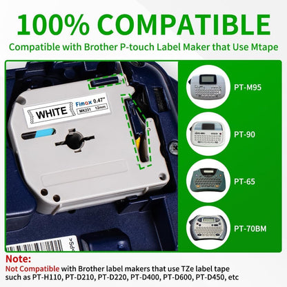 Fimax Replacement for Brother P Touch M Tape M231 MK231 MK-231 12mm 0.47 Inch to use with Brother PTouch PT-M95 PT-90 PT-70 PT-65 PT-85, Black on White, 26.2 Feet, 8-Pack