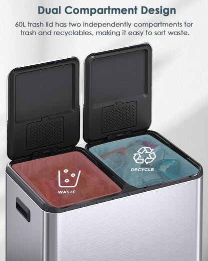 Arlopu 16Gal Dual Trash Can w/2 Built-in Box for Odor Control, Hands-Free Kitchen Garbage Bin, Recycle Waste Dustbin, Soft-Close Lid, 2 Buckets,Foot Pedal, Side Handle, Airtight,for Home Office