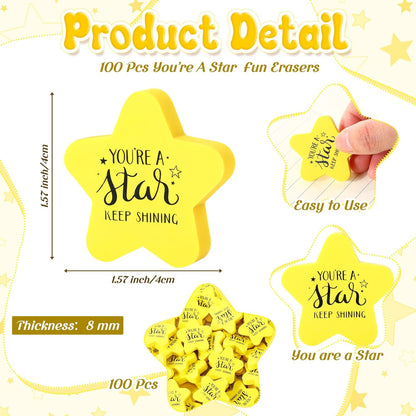 Spakon 100 Pcs Inspirational Star Erasers for Kids Bulk Cute Back to School Erasers 1.57" Fun Eraser for Classroom Prize You're A Star Yellow Motivational Gift for School Student Rewards