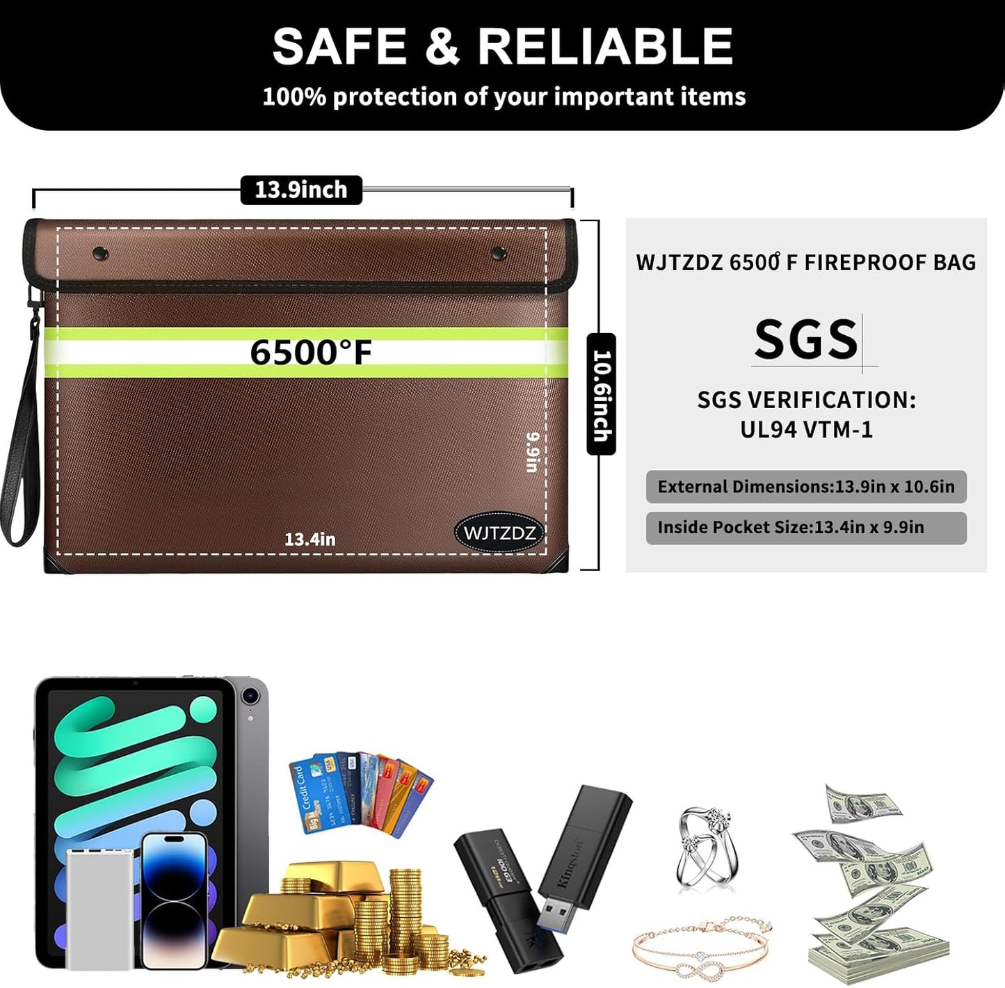 6500°F Fireproof Document Bag, Upgraded Fireproof/Waterproof Money Bag with Zipper/Reflective Strip,Storage Pouch for A4 Letter Size Document,Cash,Cell Phone,Passport