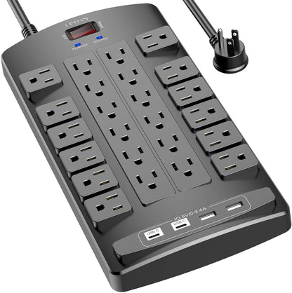 QINLIANF Surge Protector Power Strip - 6Ft Flat Plug Heavy Duty Extension Cord with 24 Outlets and 4 USB Ports(2 USB-C Ports), 1875W/15A, 4100J, for Home, Office, Dorm, ETL Listed, Black