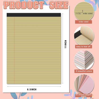 Fuutreo 8 Pcs 8.5'' x 11'' Colored Legal Pad Writing Pads Wide Ruled 50 Sheets Per Notepad Perforated Writing Notepad Office Supplies for School College Office Business (Assorted Colors)