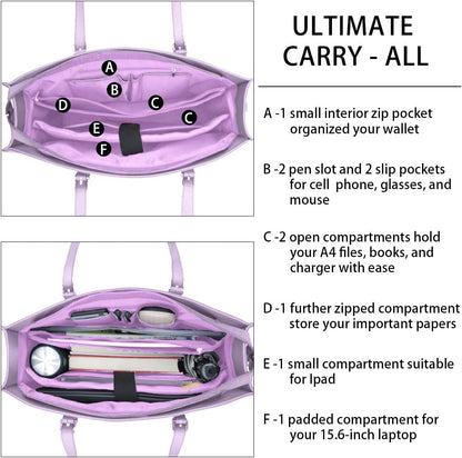 Laptop Bag for Women Waterproof Lightweight Leather 15.6 Inch Computer Tote Bag Business Office Briefcase Large Capacity Handbag Shoulder Bag Professional Office Work Bag Purple
