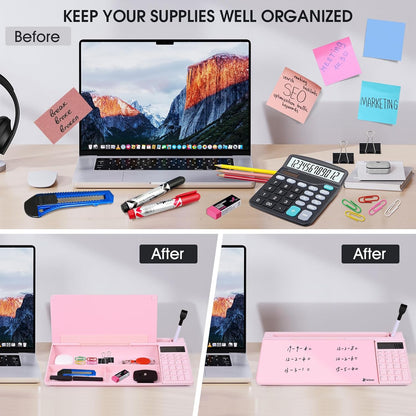 Varhomax Glass Desk Whiteboard Pink with Calculator, Desktop Dry Erase White Board with Storage, to Do List Memo Notepad for Home and Office