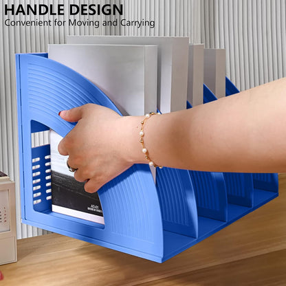 SAYEEC File Holder Storage Folder 4 Compartment Standing Desktop Hollow Organizer Blue Files Shelf Frame Thicken Plastic Paper Notebook Magazine Bookstore for Office School Supplier Students