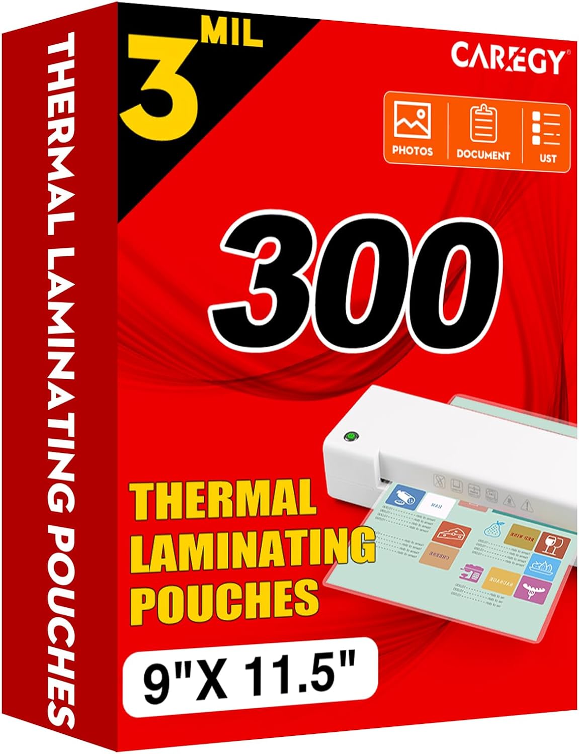 CAREGY Thermal Laminating Pouches, 300 Pack Laminating Sheets, 3 Mil, 9 x 11.5 Inches Lamination Sheet Paper for Laminator, Clear, Letter Size, Office and School Supplies