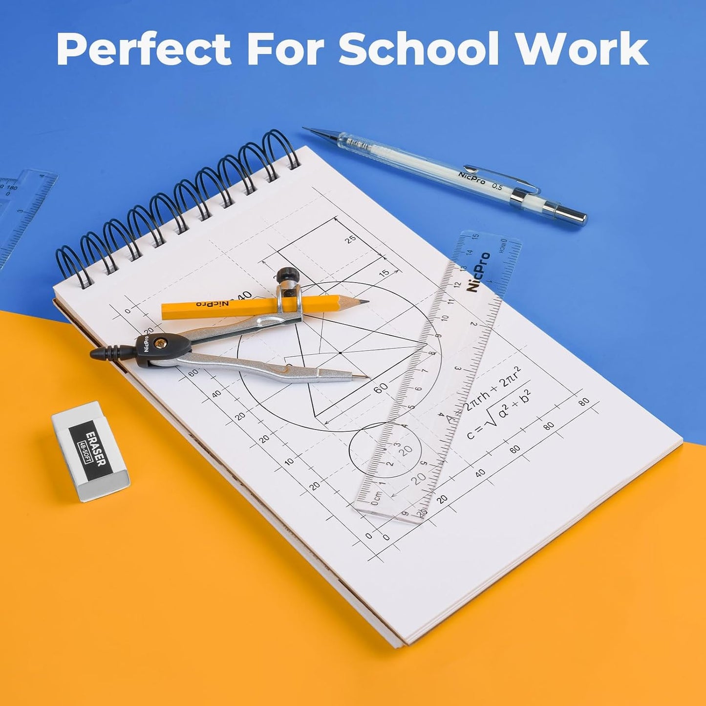 Nicpro 22 PCS Compass Geometry Tools with Case, Drafting Tools Geometry Set with Swing Arm Protractor, Rulers, Metal Compass, Divider, Square Set, Pencil, Back to School Supplies for Students Kids