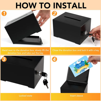 Tip Jar 3 PCS Suggestion Box with Slot and Lock Metal Donation Raffle Fundrais Cash Ballot Money Ticket Bartender Voting Prayer Comment Teacher Mailbox Booth Card Classroom Restaurant Black
