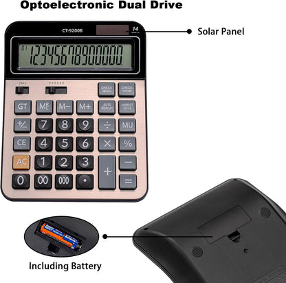 Large Computer Electronic Calculator Counter Solar & Battery Power 14 Digit Display Multi-Functional Big Button for Business Office School Calculating (HY-9200B)