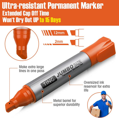 Fuutreo 10 Pack Jumbo Permanent Markers Bulk Large Chisel Tip Permanent Markers Quick Drying Waterproof Big Huge Poster Pens for Office, Logistics Company and More(Orange)