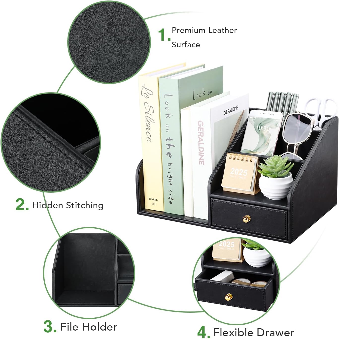 GORESE PU Leather Desk Organizer, File Organizer with Drawer and 4 Compartments, Desktop Organization with Magazine file Holder for Office Supplies, Elegant Gift for Men Who Have Everything, Black