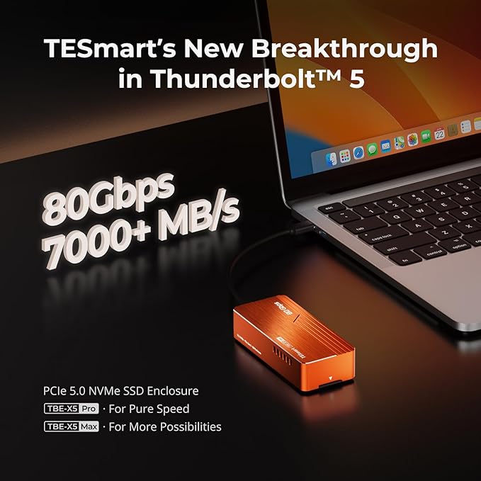 TESmart 80Gbps M.2 NVMe SSD Enclosure with ASM2364 Chip, High-Speed 7000MB/s | Compatible w/Thunderbolt 5/USB4 v2/USB 3.2 gen 2x2 (20Gbps), PCIe 5.0 SSD | Smart Cooling | Aluminium Alloy(TBE-X5Max)