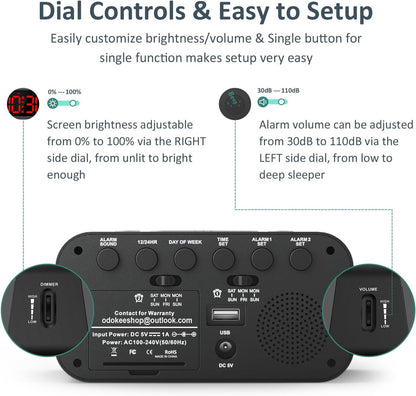 Digital Dual Alarm Clock for Bedroom, Easy to Set, 0-100% Dimmer, USB Charger, 5 Sounds Adjustable Volume, Weekday/Weekend Mode, Snooze, 12/24Hr, Battery Backup, Compact Clock for Bedside(Red)