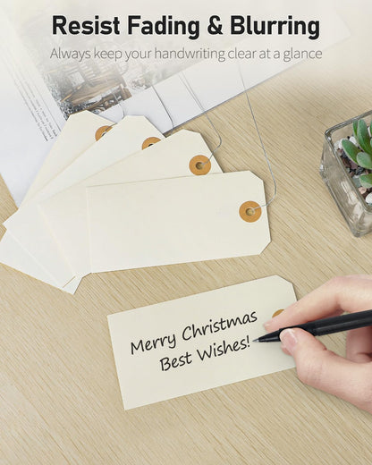 Uniclife 200 Pcs Manila Tags Blank Shipping Tags with Wire Attached 4.7 Inch Paper Hang Tags with Reinforced Eyelet Large Marking Tags Writable Price Tags Inventory Label Tags, 4.7" x 2.36"