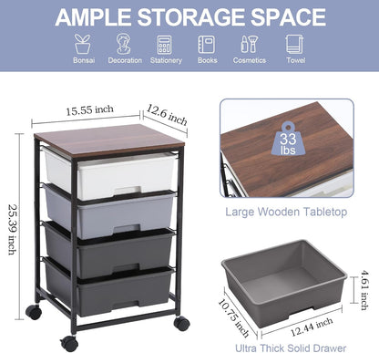 Utility Cart with 4 Drawers,Rolling Storage Cart with Drawers,Light Grey