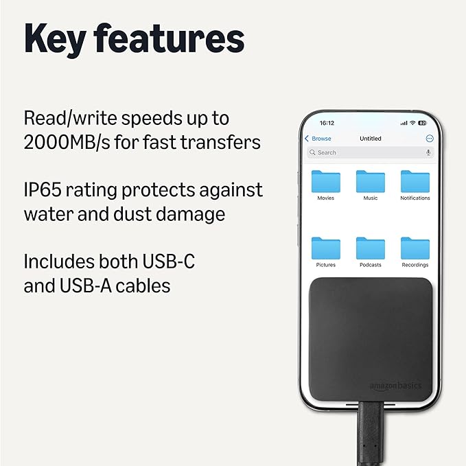 Amazon Basics Portable External SSD, External Solid State Drive 1TB, speeds up to 2000MB/s, USB 3.2 Gen 2, IP65 Water & Dust Resistant, Black