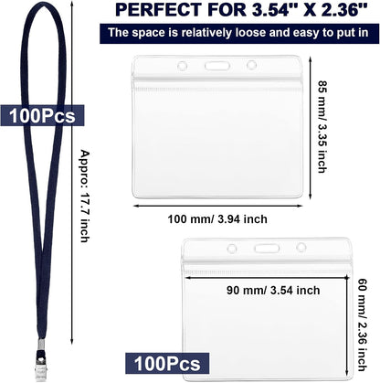 Marspark 100 Sets Clear Name Tags with Lanyard, Lanyards for ID Badges Reusable Strap with ID Holder Plastic Name Badges for Adults Business School Church Conference (Dark Blue)