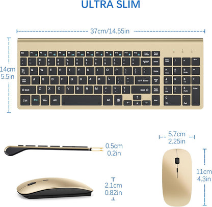 Wireless Keyboard and Mouse Ultra Slim Combo, TopMate 2.4G Silent Compact USB 2400DPI Mouse and Scissor Switch Keyboard Set with Cover, 2 AA and 2 AAA Batteries, for PC/Laptop/Windows/Mac - Gold Black